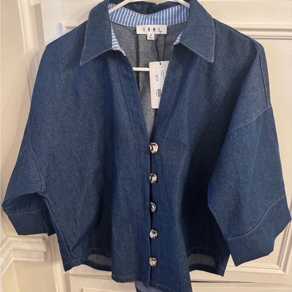 THML Dark Denim Short-Sleeve Button Front Top